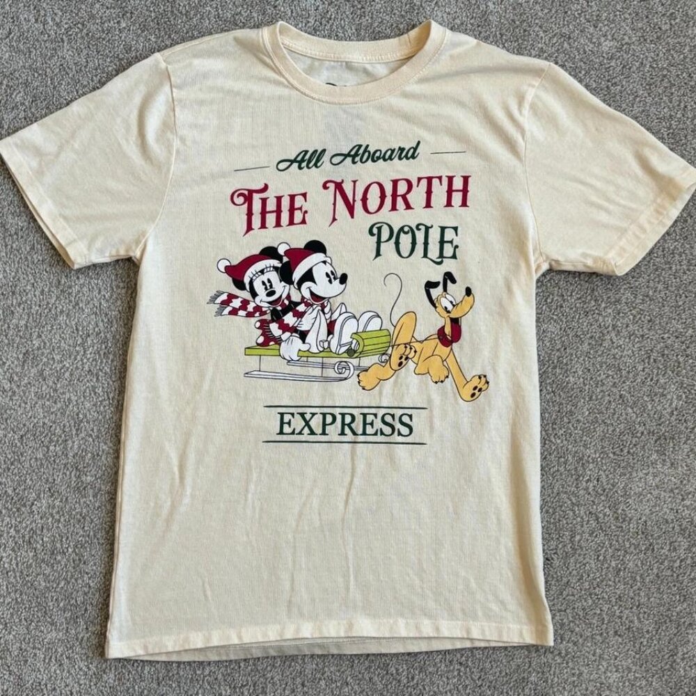 Disney Shirt North Pole Express Mickey Minnie Pluto Cream Size Medium